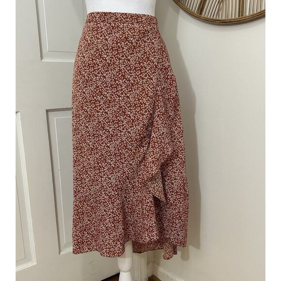 Wishlist Floral Flowy Ruffle Midi Skirt Rust Clay White Flowers Cottagecore Sz L - Picture 1 of 5
